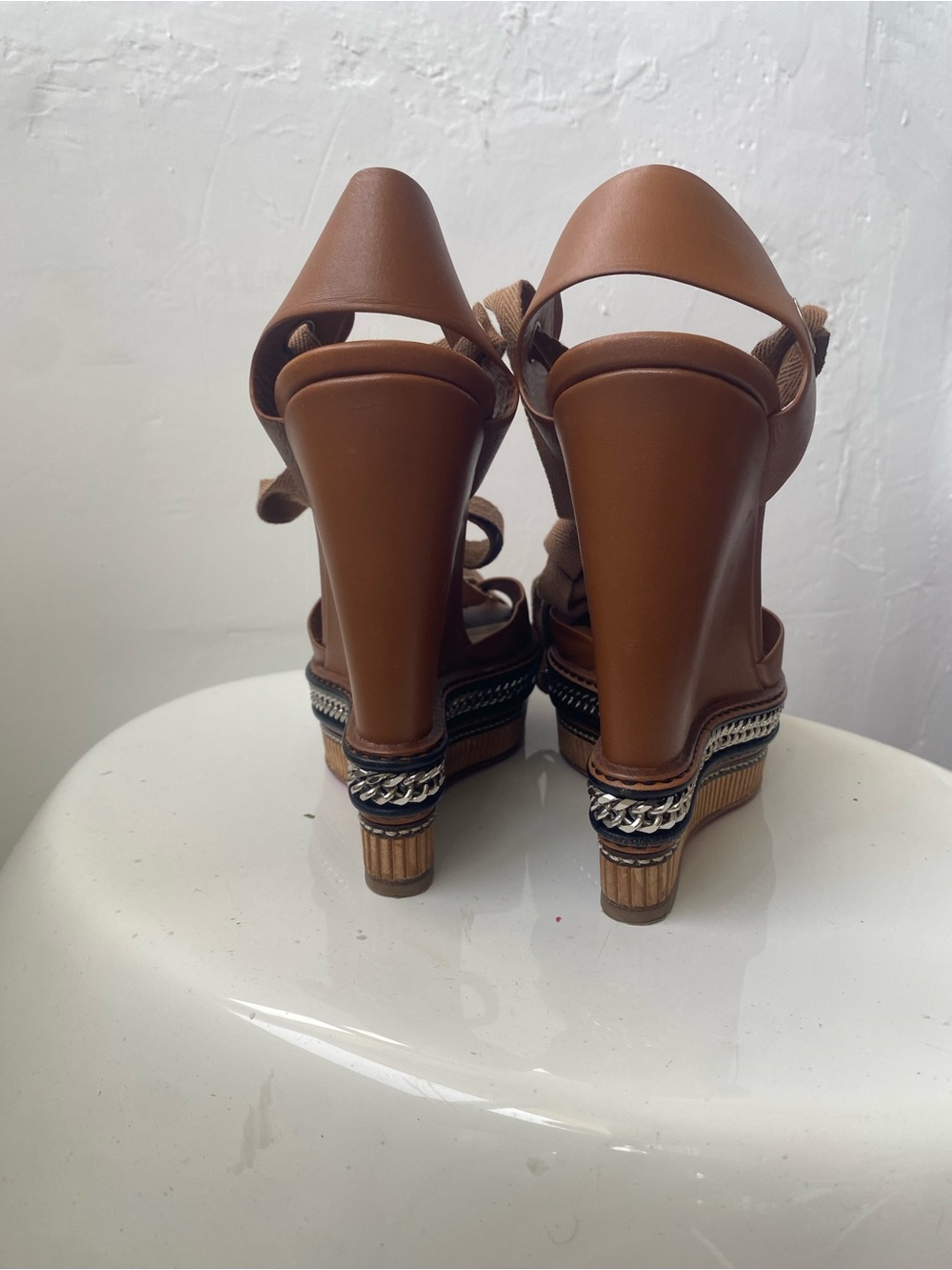 Christian Louboutin Brown Leather Platform Sandals with Chain Trim - Picture 5 of 7